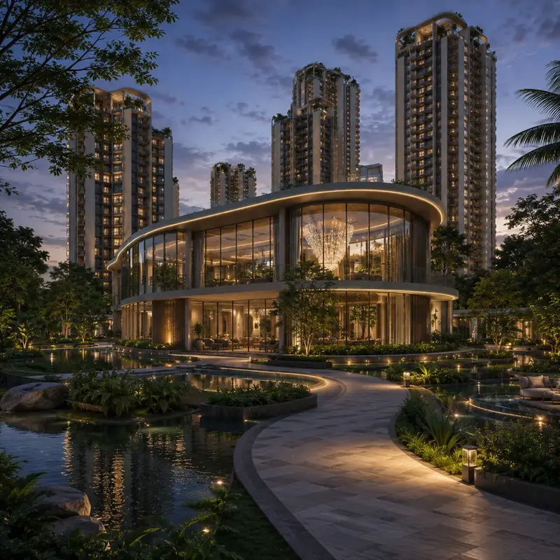Sumadhura Kannamangala grand clubhouse at dusk beside the green spine Sumadhura Kannamangala grand clubhouse at dusk beside the green spine